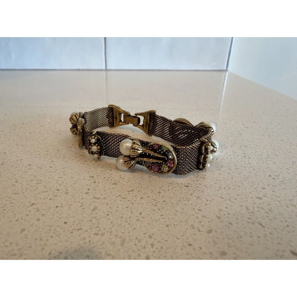 Vintage 1940s Multi-colored Diamante And Pearl Mesh Bracelet